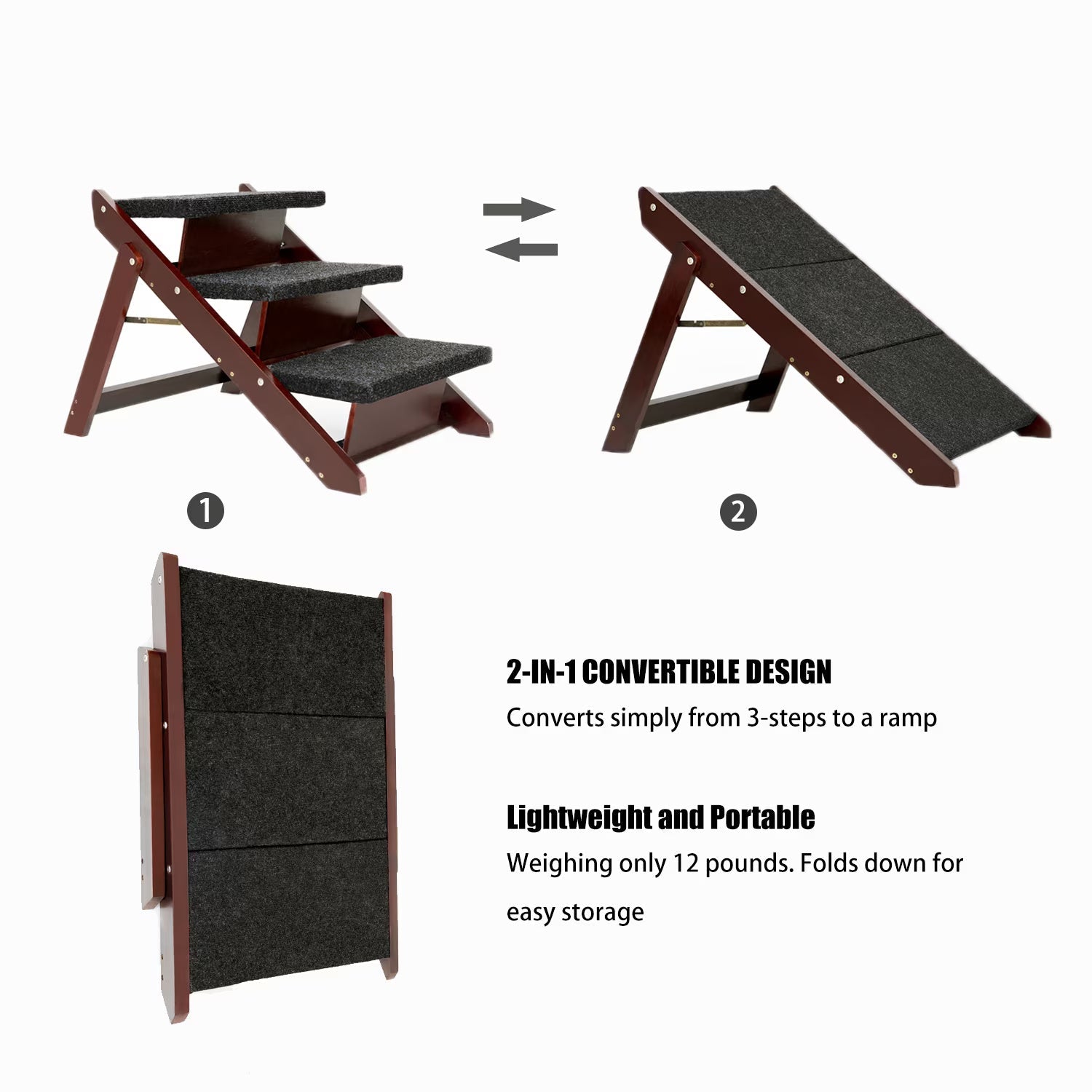Wood Pet Stairs Pet Steps Foldable 3 Levels Dog Stairs & Ramp Perfect For Beds And Cars Portable Dog Cat Ladder Up To 110 Pounds